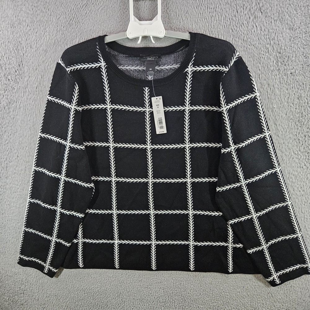 Investments Woman Black White Windowpane Plaid Sweater Crew Neck 3X NWT